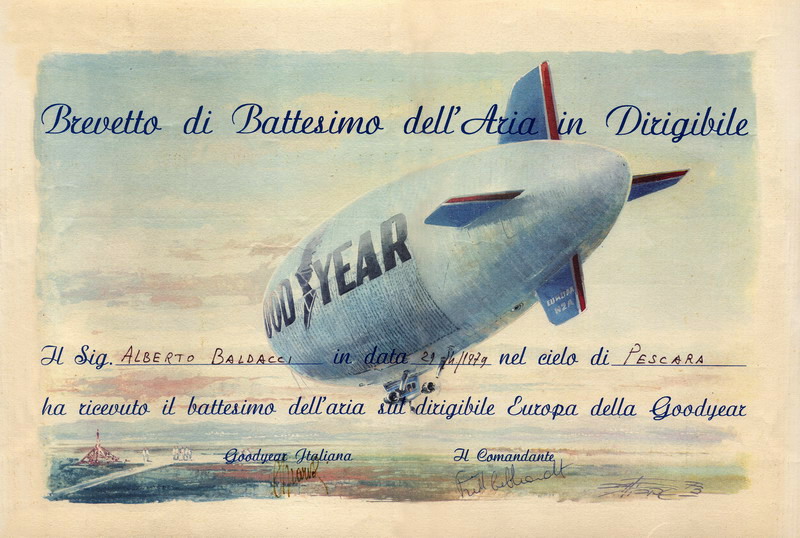 L'attestato di volo con il dirigibile "Europa" della Good Year