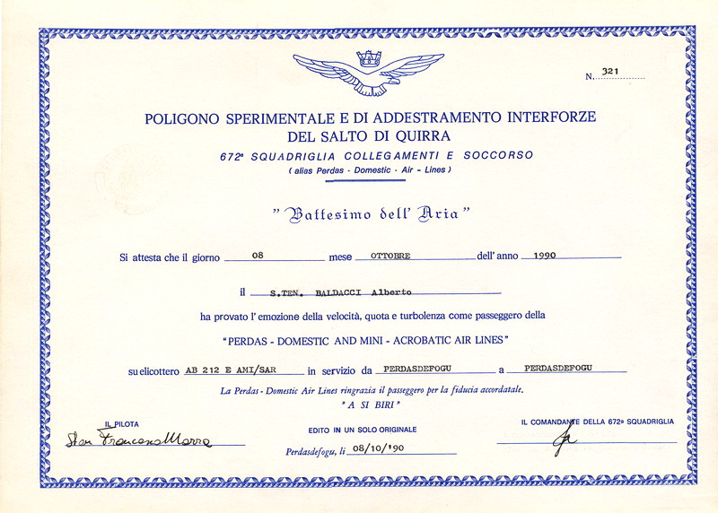 L'attestato di volo con elicottero Agusta AB 212 E AMI/SAR