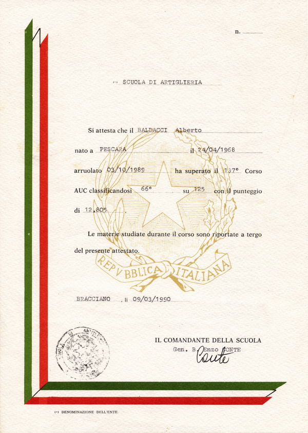 Attestato di partecipazione e superamento corso AUC - Artiglieria